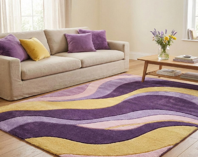 Abstract Wavy Area Rug | Purple Yellow Pink Swirl Carpet | Retro 70s Pastel Tufted Rug for Living Room & Bedroom | Colorful Funky Decor