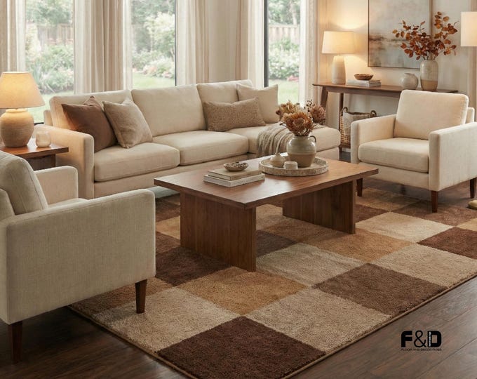 Brown Checkered Area Rug, Plush Beige Geometric Carpet, Modern Earth Tone Living Room Rug, Hand Tufted Soft Wool Rug, Mid Century Aesthetic