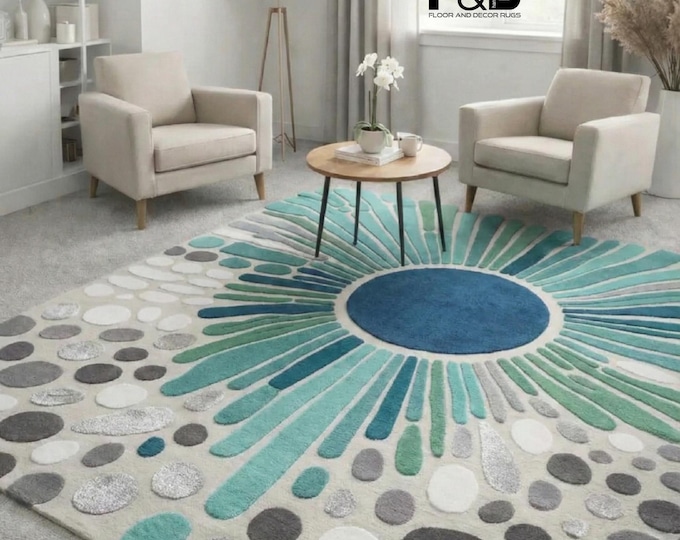 Hand Tufted Abstract Rug, Teal Sunburst Area Rug, Modern Wool Carpet, Turquoise & Grey Living Room Decor, Custom Size Floor Mat, Bedroom Rug