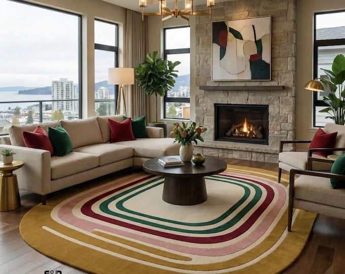 Modern Abstract Geometric Oval Rug - Mid-Century Modern Concentric Design in Mustard, Emerald & Burgundy - Large Living Room Rug - High-Dens