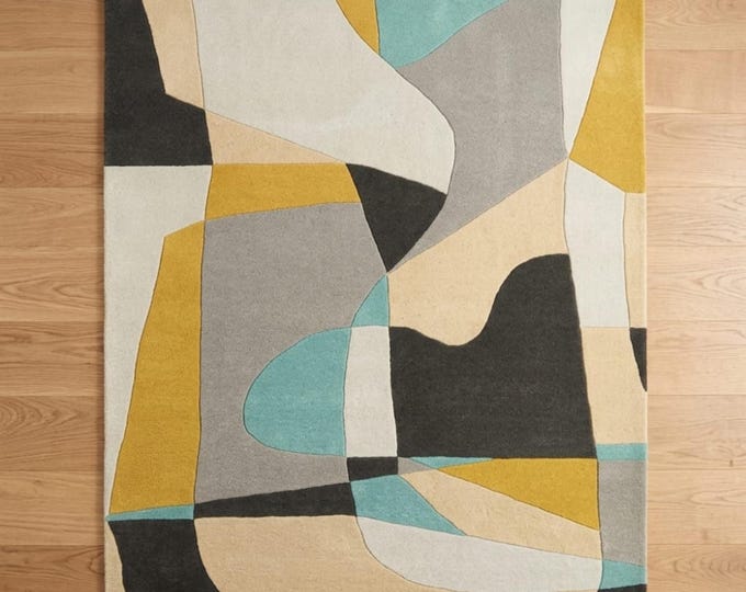 Mid Century Modern Abstract Area Rug | Teal, Mustard Yellow, and Grey Geometric Tufted Rug | Contemporary Living Room Bedroom Wool Rug | F&D