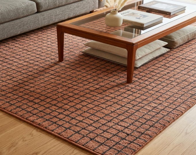 Southwestern Geometric Rug | Rust & Navy Blue Area Rug | Hand-Tufted Wool Carpet | Tribal Boho Living Room Decor | Navajo Style Floor Mat