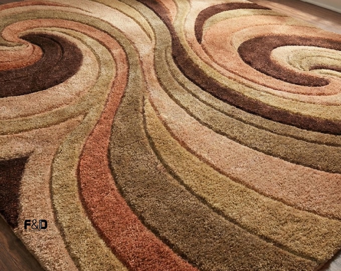 Modern Abstract Swirl Area Rug | Beige Brown Terracotta Carpet | Living Room Bedroom Floor & Decor Rug | Contemporary Home Decor