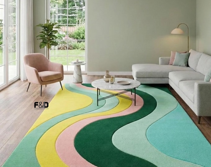 Modern Abstract Wool Rug, Pastel Green Yellow Pink Area Rug, Hand-Tufted Floor & Decor Rug, Contemporary Living Room Carpet