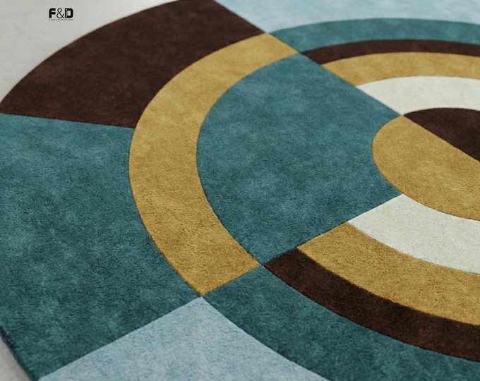 Modern Round Geometric Area Rug - Bauhaus Style Abstract Circle Carpet in Blue, Gold & Chocolate Brown - Hand-Tufted Contemporary Floor Deco