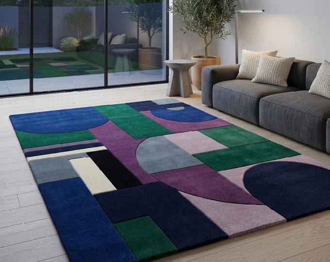 Geometric Abstract Area Rug | Colorful Mid-Century Modern Tufted Carpet | Bauhaus Style Statement Rug for Living Room & Bedroom | Custom Siz