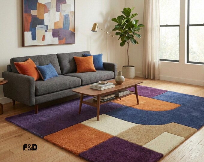 Hand Tufted Geometric Rug, Mid Century Modern Carpet, Abstract Color Block Rug, Purple and Orange Wool Area Rug, Living Room Decor, Bedroom
