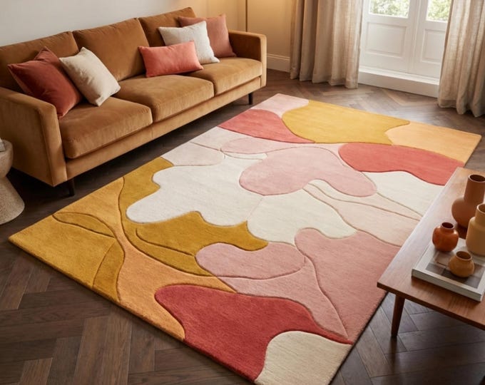 Custom Abstract Art Rug • Pastel & Burnt Orange Tufted Wool Rug • Mid Century Modern Decor • Funky Bedroom Carpet • Handmade Floor Mat Rugs
