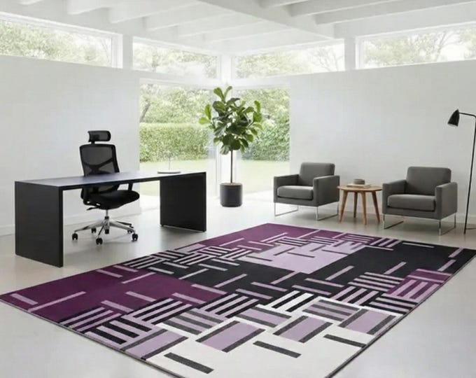 Modern Geometric Purple Rug – Hand Tufted Wool Area Rug – Abstract Black & Lilac Art Carpet – Contemporary Living Room Decor – Custom Size