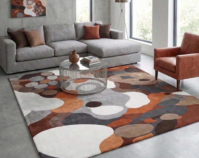 Abstract Organic Shape Rug – Earth Tone Hand Tufted Wool Rug, Modern Brown Rust & Grey Pebble Area Rug, Retro 70s Wavy Floor Decor, Custom