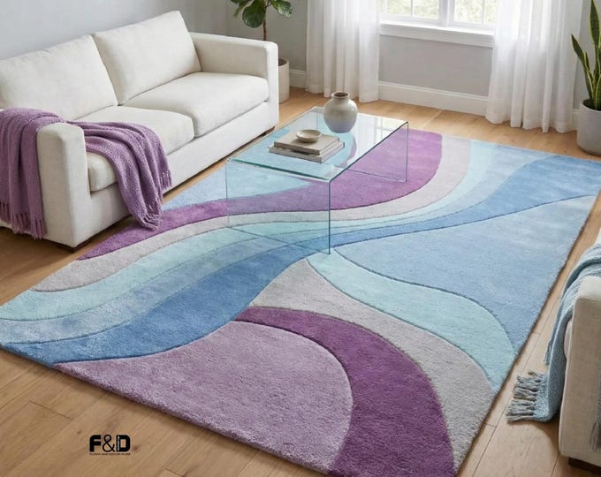 Hand Tufted Abstract Wool Rug, Purple Blue Wavy Area Rug, Modern Pastel Living Room Decor, Soft Bedroom Carpet, Custom Size Floor Mat