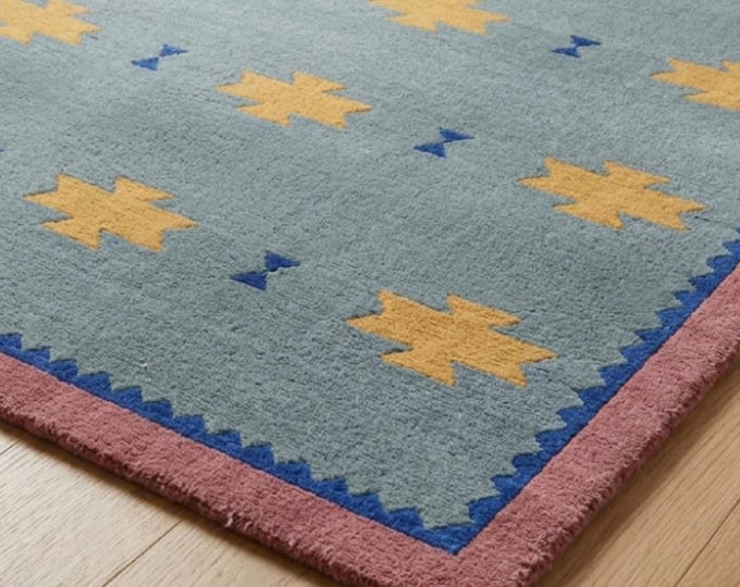 Hand-Tufted Pastel Blue Southwestern Area Rug | 10x13ft Yellow Aztec Geometric Boho Wool Carpet | Pink Border Rug for Living Room Bedroom.