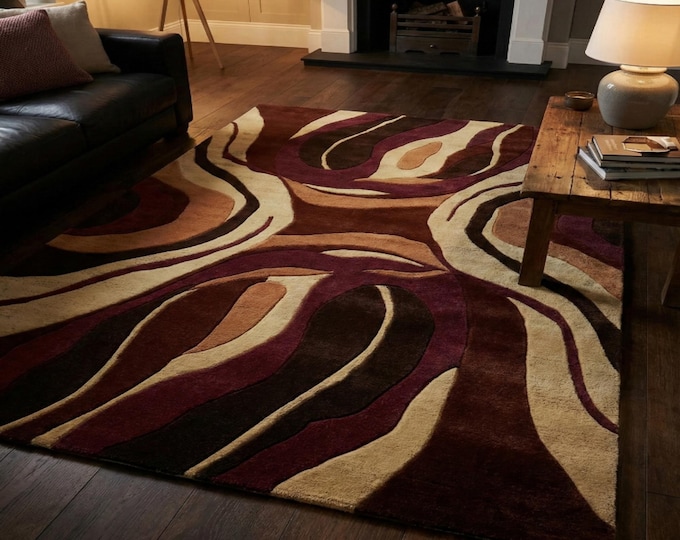 Modern Abstract Earth Tone Rug – Hand Tufted Wool Area Rug – Terracotta, Gold and Rust Swirl Pattern – Contemporary Living Room & Bedroom De