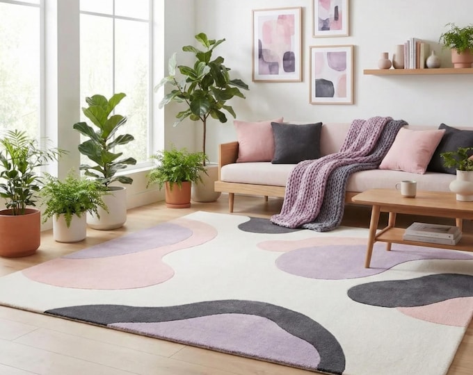 Abstract Pastel Area Rug, Modern Wavy Tufted Carpet, Pink Lavender & Charcoal Irregular Blob Rug for Bedroom, Nursery or Living Room Decor