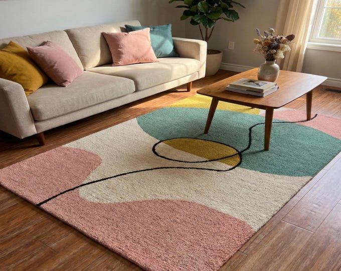 Abstract Area Rug, Mid Century Modern Boho Rug, Pastel Pink Green Mustard Yellow Line Art Rug for Living Room, Minimalist Bedroom Carpet