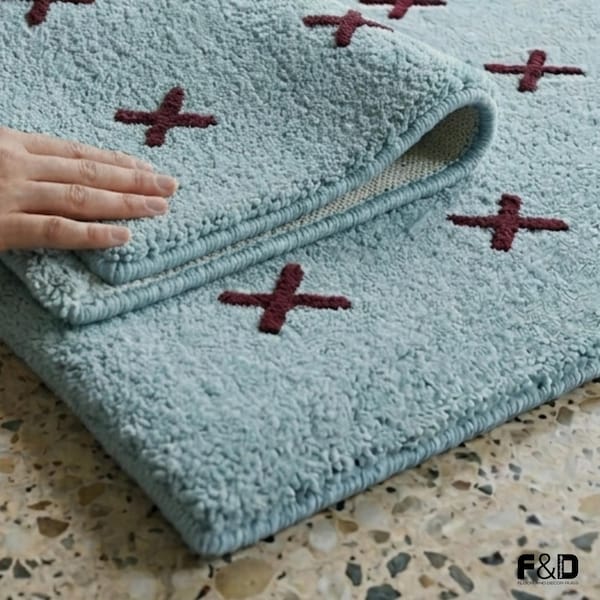 Light Blue Geometric Area Rug with Burgundy X Pattern | Modern Minimalist Tufted Carpet for Living Room & Bedroom | Custom Size Handmade Rug