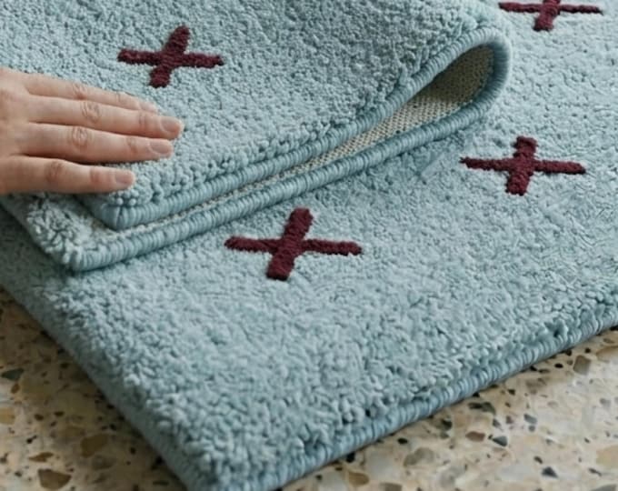 Light Blue Geometric Area Rug with Burgundy X Pattern | Modern Minimalist Tufted Carpet for Living Room & Bedroom | Custom Size Handmade Rug