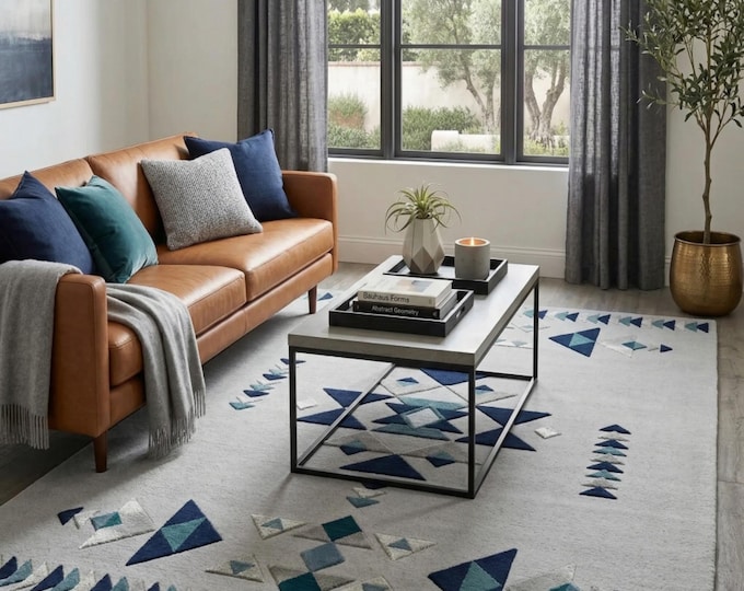 Geometric Tufted Area Rug | Boho Blue & Grey Tribal Carpet | Modern Southwestern Wool Rug for Living Room | Off-White Textured Nursery Rug