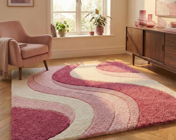 Pink Wavy Swirl Rug | Retro 70s Tufted Area Rug | Funky Danish Pastel Decor | Cute Bedroom Carpet | Hand Tufted Abstract Soft Floor Mat Rugs
