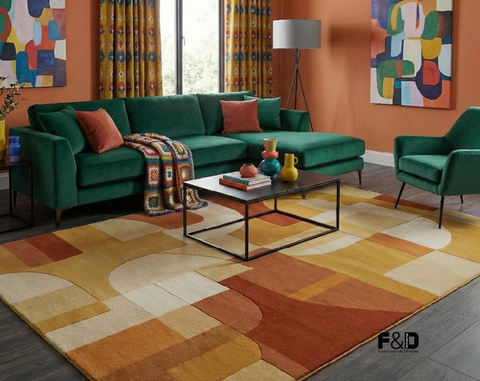 Mid Century Modern Geometric Rug | Terracotta & Mustard Yellow Abstract Area Rug | 70s Retro Hand Tufted Wool Carpet for Living Room Decor