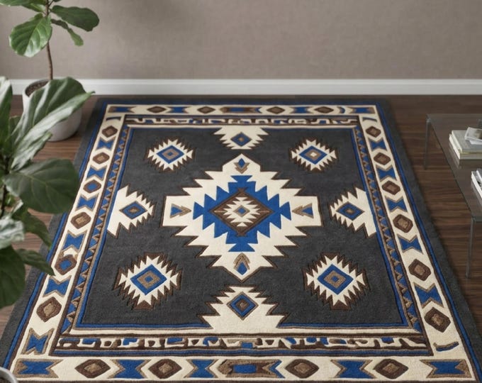 7X10Ft Southwestern Geometric Area Rug | Aztec Tribal Tufted Rug in Blue, Grey & Cream | Navajo Style Boho Living Room Decor | Custom Size