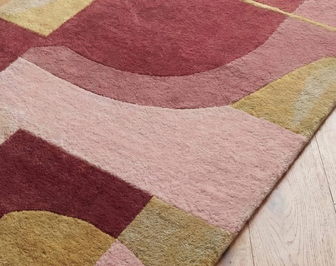 Abstract Geometric Tufted Area Rug | Pink, Burgundy & Mustard Modern Color Block Rug | Mid Century Modern Wool Carpet for Living Room Bedroo