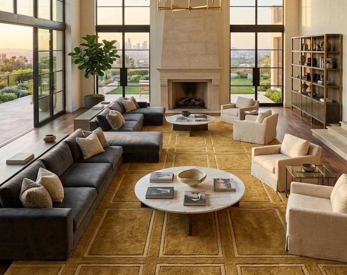 Mustard Yellow Geometric Grid Rug | 10x12ft Textured Hand-Tufted Area Rug | Modern Minimalist Mid-Century Modern for Living Room rug 12x15ft