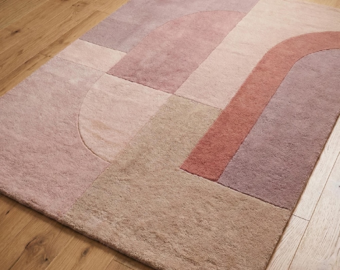 Abstract Geometric Area Rug | Boho Pink & Beige Tufted Carpet | Mid Century Modern Decor | Pastel Art Deco Rug for Living Room Bedroom