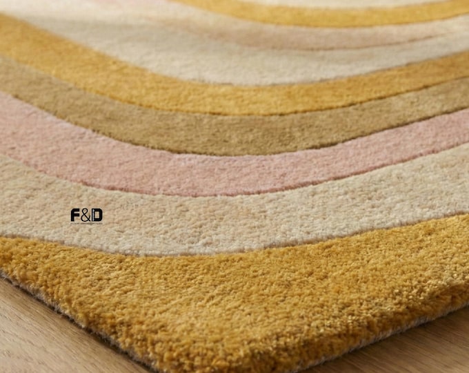 Handmade Wavy Abstract Wool Rug - Modern Retro 70s Swirl Area Rug - Pastel Yellow & Pink Organic Shape Carpet for Living Room, Bedroom Rug
