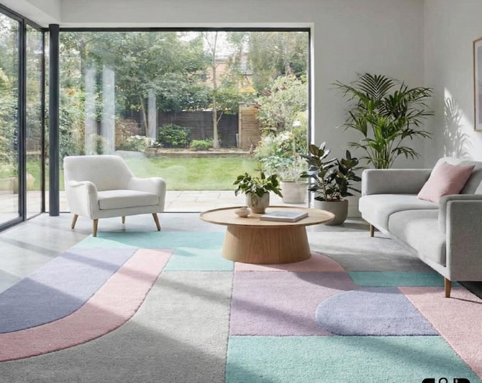 Pastel Geometric Area Rug | Hand Tufted Wool Rug | Abstract Mid Century Modern Carpet | Mint, Pink & Lavender Color Block Living Room Rug