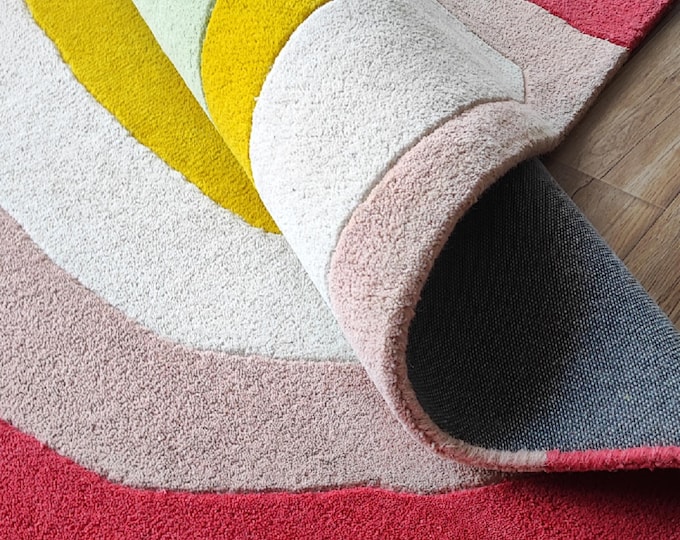 Mid Century Modern Wool Rug, Retro Abstract Geometric Living Room Carpet