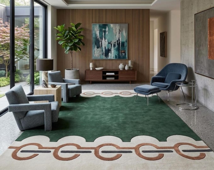 8x10ft Art Deco Scalloped Edge Area Rug | Emerald Green & Cream Geometric Retro Rug | Mid Century Modern Hand Tufted for Living Room 9x12ft.