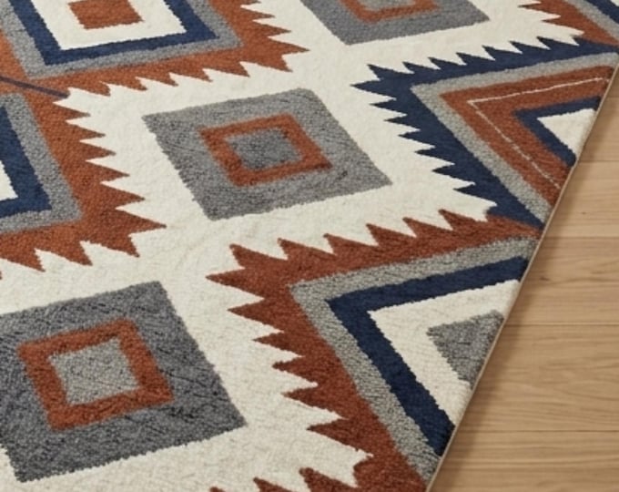 Southwestern Geometric Area Rug | 8x10ft Navy Blue & Terracotta Boho Rug | Tribal Diamond Pattern Living Room Rug | Modern Aztec Bedroom Rug