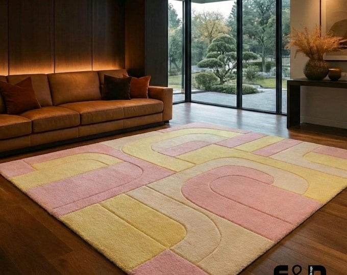 Pastel Geometric Wool Rug - Hand Tufted Abstract Art Rug - Scandi Boho Pink and Yellow Area Rug for Nursery or Living Room - Custom Size Rug