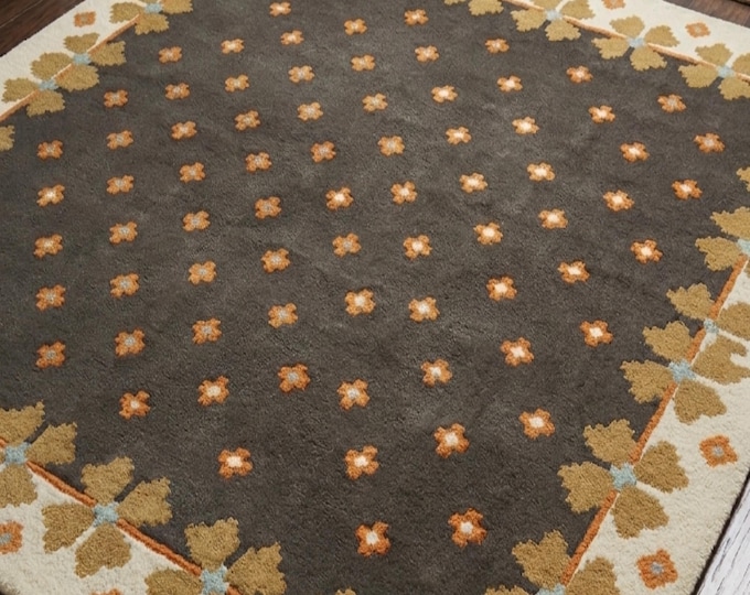 Hand Tufted Wool Rug Dark Brown Floral Area Rug | Plush Deep Texture Custom Size Carpet for Living Room & Bedroom | Oushak Style Floor Art