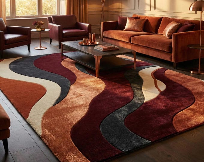 Mid Century Modern Area Rug, Abstract Wavy Swirl Rug, Terracotta Burgundy & Cream Carpet, Retro 70s Living Room Decor, Large Plush Area Rug