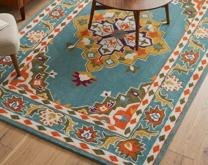 8x10ft Teal Boho Area Rug | Southwestern Geometric Floral Carpet | Hand-Tufted Wool Deep Texture Living Room Rug | Artisanal Craftsmanship