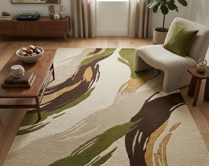 Large Tufted Rug | Modern Abstract Art Design | Earth Tones Green Brown Gold | Mid Century Modern Area Rug | High-End Hand Tufted Carpet