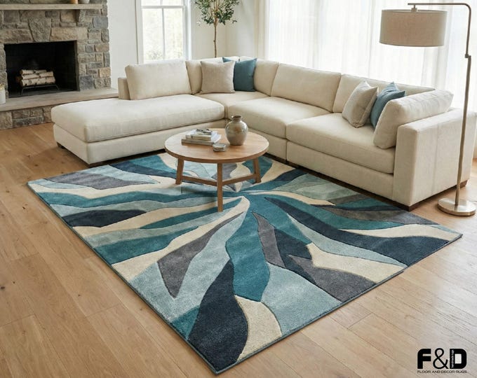 Modern Abstract Area Rug – Teal Blue & Cream Wave Design – Contemporary Living Room Floor Decor – Soft Plush Bedroom Carpet – Coastal Home