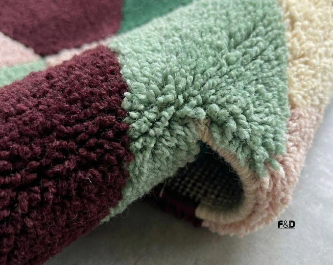 Hand Tufted Geometric Rug, Modern Abstract Area Rug, Green Pink & Burgundy Wool Carpet, Mid Century Modern Living Room Decor, Custom Size