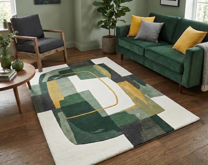 Modern Abstract Area Rug, Emerald Green & Mustard Gold Hand Tufted Rug, Mid Century Modern Living Room Decor, Geometric Wool Carpet.