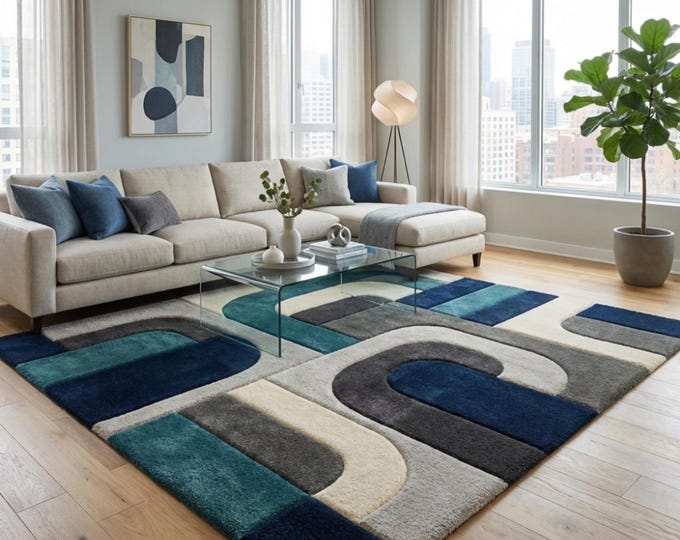 Modern Geometric Area Rug | Hand Tufted Blue, Teal & Grey Abstract Carpet | Soft Wool Blend Living Room Rug | Mid Century Modern Decor Rugs