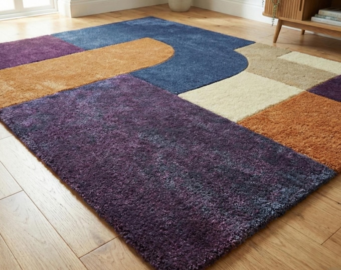 Hand Tufted Geometric Rug, Mid Century Modern Carpet, Abstract Color Block Rug, Purple and Orange Wool Area Rug, Living Room Decor, Bedroom