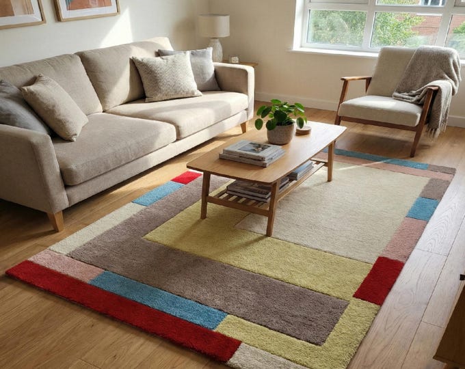 Mid Century Modern Geometric Rug | Bauhaus Color Block Area Rug | Tufted Abstract Living Room Rug | Colorful Retro Floor Decor | Bedroom Rug
