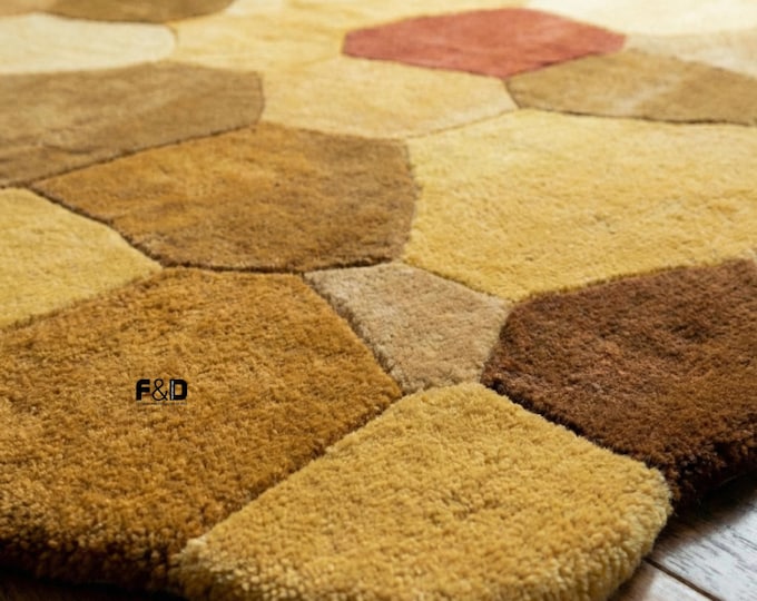 Handmade Abstract Geometric Wool Rug - Modern Irregular Shape Area Rug for Living Room - High-Low Pile Textured Rug, Custom Wavy Organic Rug