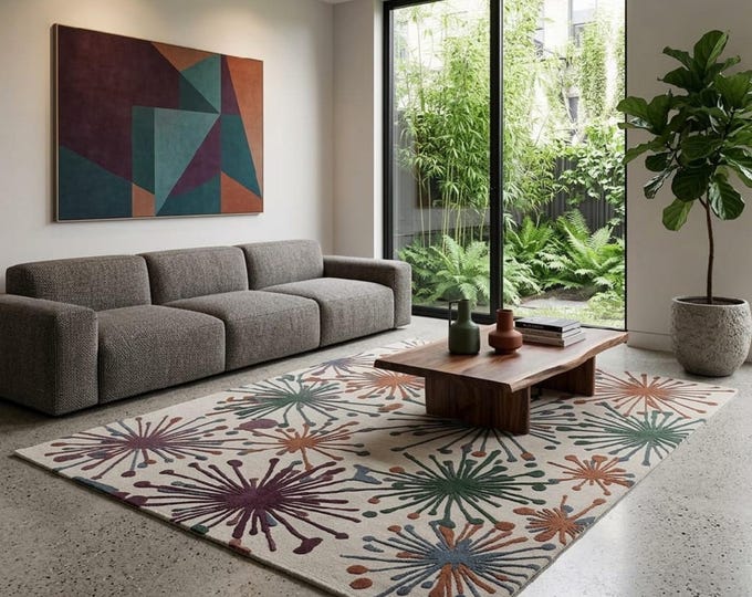 Mid Century Modern Starburst Rug | Retro Abstract Area Rug | Colorful Atomic Decor Geometric Carpet | Living Room Tufted Rug | Custom Sizes