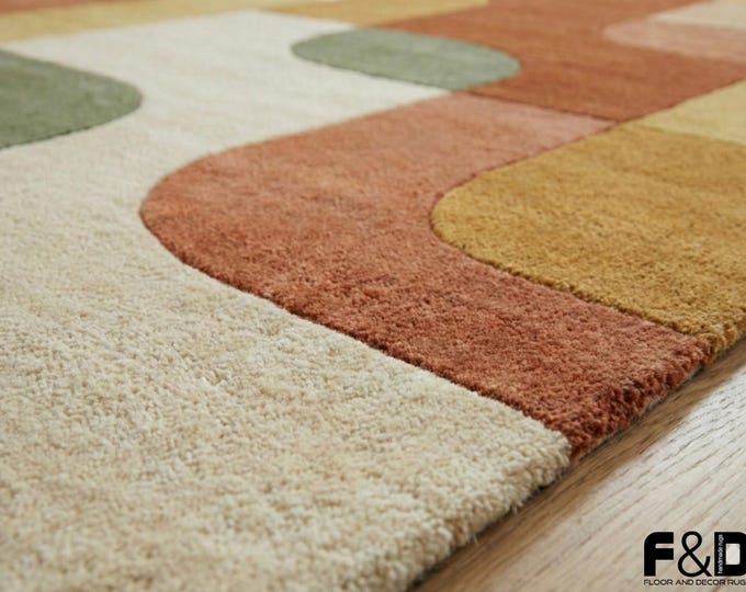 Mid Century Modern Tufted Rug | Abstract Geometric Area Rug | Retro 70s Style Wavy Carpet | Earthy Terracotta, Sage Green & Mustard Wool Rug