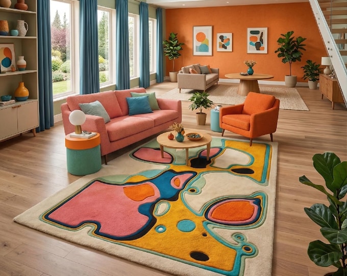 Vibrant Abstract Area Rug | Modern Colorful Tufted Rug | Irregular Geometric Carpet for Living Room | Funky Art Rug | Maximalist Decor 9X12