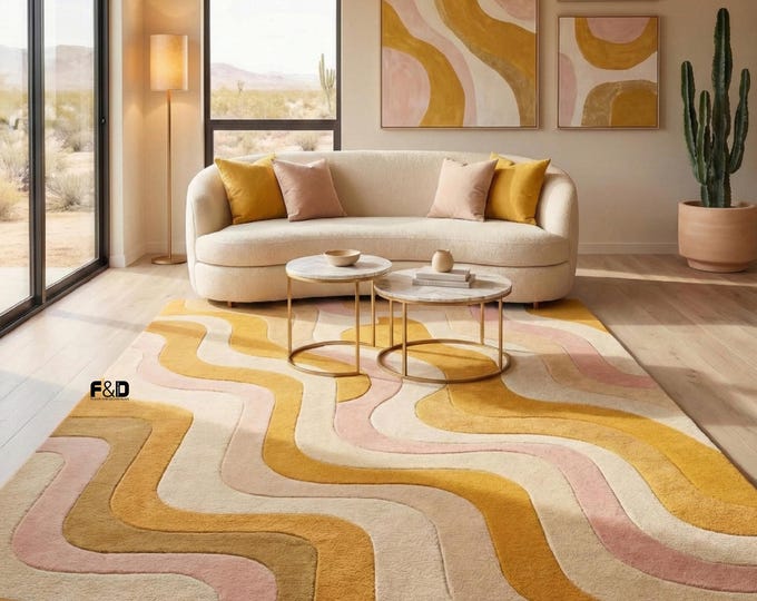 Handmade Wavy Abstract Wool Rug - Modern Retro 70s Swirl Area Rug - Pastel Yellow & Pink Organic Shape Carpet for Living Room, Bedroom Rug