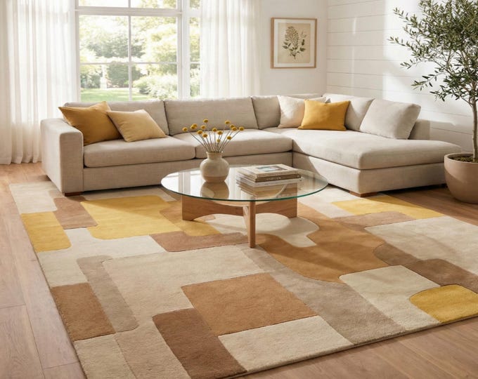 Modern Geometric Area Rug | Mid Century Color Block Rug in Mustard Yellow, Beige And Brown | Abstract Tufted Floor & Decor for Living Room
